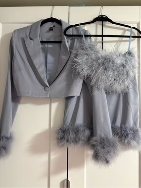Windsor Light Gray Feather-Trim Crop Jacket, Skirt, & Cami Set